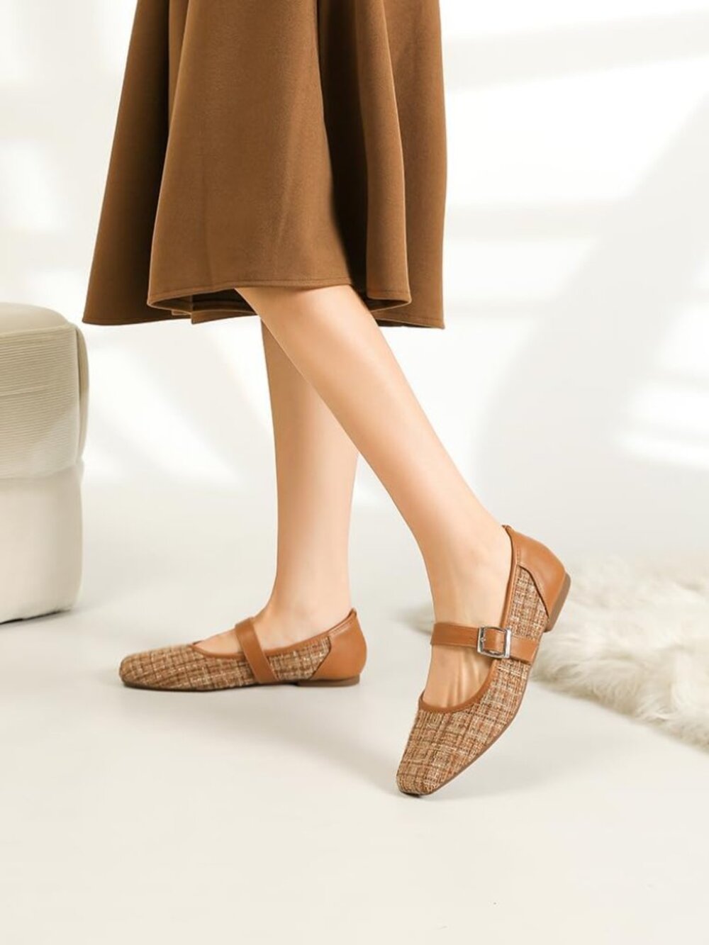 〽️Women's Brown Tweed Square Toe Ballet Flats Mary Jane Adjustable Strap Shoes